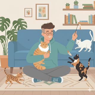 Man playing with four cats